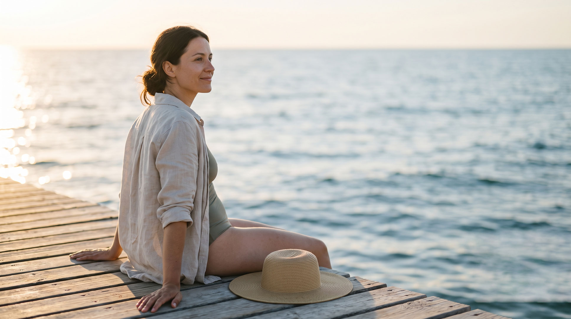 Donna al mare al tramonto con camicia di lino che copre le spalle dal sole